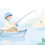 湖でスピナーベイトを投げてバスを狙う様子をイメージしたイラスト
