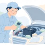 車のバッテリーをテスターで点検する様子をイメージしたイラスト