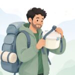 ベアキャニスターをザックにベルトで固定する様子をイメージしたイラスト