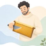 蜜刀で巣枠の蜜ぶたを切る様子をイメージしたイラスト