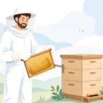 養蜂の巣枠をホルダーに掛ける様子をイメージしたイラスト