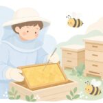 養蜂家が巣枠で移虫作業をする様子をイメージしたイラスト