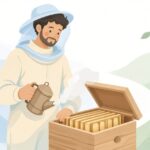 燻煙器を使って巣箱を内検する養蜂家をイメージしたイラスト