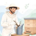 養蜂用の燻煙器に燃料を入れる様子をイメージしたイラスト