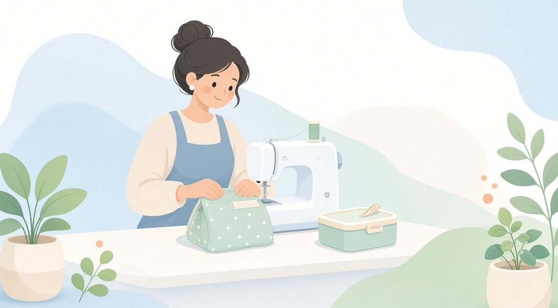 弁当袋を直線縫いで作り、口をマジックテープで閉じる