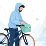 雨の日に防水ハンドルバーバッグを使う自転車配達員の様子をイメージしたイラスト