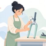 自転車のフォークの芯出しを確認する様子をイメージしたイラスト