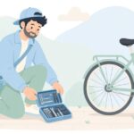 携帯工具で自転車を出張修理する様子をイメージしたイラスト