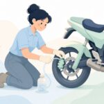 バイクのブレーキブリーダースクリューでエア抜きする様子をイメージしたイラスト