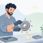 フローティングピン付きブレーキディスクを点検する様子をイメージしたイラスト