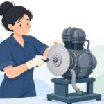 バイクのカムタイミングをディグリーホイールで測る様子をイメージしたイラスト