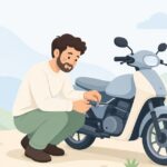 バイクのクラッチワイヤーを応急補修する様子をイメージしたイラスト