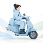 雨の日にレッグカバーを着けてバイクで配達する様子をイメージしたイラスト