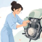 バイクのエキパイ用スタッドボルトを取り付ける様子をイメージしたイラスト