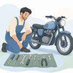 工具マットを広げて出張整備するバイク整備士の様子をイメージしたイラスト