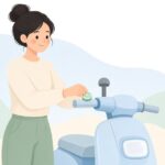 バイクのミラーホールにキャップをはめる様子をイメージしたイラスト
