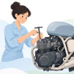 バイクのエンジンにピストンストッパーを入れる様子をイメージしたイラスト