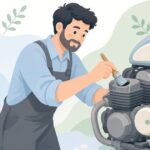 バイクのプラグホールをブラシで清掃する様子をイメージしたイラスト