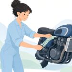 バイクのラジエーターホースに曲げ防止スプリングを付ける様子をイメージしたイラスト