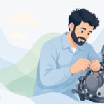 バイクにセーフティワイヤーを掛ける様子をイメージしたイラスト
