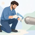 バイクのサイレンサーにリベットを打つ様子をイメージしたイラスト