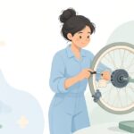 バイクのスポークホイールにバランスウェイトを取り付ける様子をイメージしたイラスト