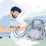 バイクのバキュームゲージにホースをつなぐ様子をイメージしたイラスト