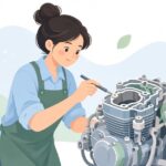 バイクのバルブシムをピックアップツールで取り出す様子をイメージしたイラスト
