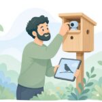 巣箱に観察用カメラを設置する様子をイメージしたイラスト