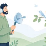 野鳥の声を録音マイクで録る様子をイメージしたイラスト