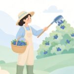 ベリーピッカーでブルーベリーを収穫する様子をイメージしたイラスト