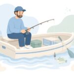 船で中オモリを使ってカワハギを釣る様子をイメージしたイラスト