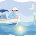 水中ライトを付けてヤリイカを釣る様子をイメージしたイラスト