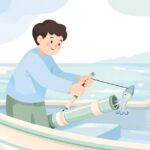 船でヤリイカ仕掛けを投入器から入れる様子をイメージしたイラスト