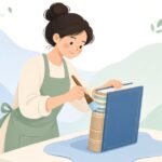 製本で花布を貼る様子をイメージしたイラスト