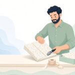 ラッピングカッターで包装紙を切り本をギフト包装する書店員の様子をイメージしたイラスト