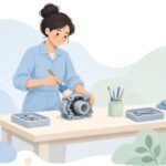 ブレーキキャリパーのピストンをブラシで清掃する様子をイメージしたイラスト