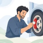 ブレーキキャリパーに温度シールを貼る様子をイメージしたイラスト