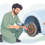 ブレーキローターの錆をブラシで落とす様子をイメージしたイラスト
