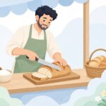 出張販売でパン切り包丁を使ってパンをスライスする様子をイメージしたイラスト