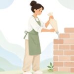目地袋でレンガ壁の目地にモルタルを詰める職人の様子をイメージしたイラスト
