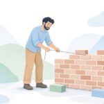 レンガ積みでラインブロックに糸を張る様子をイメージしたイラスト