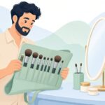 出張メイクでメイクブラシケースを広げるヘアメイクの様子をイメージしたイラスト