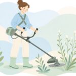 二枚刃の刈払機で草を刈る様子をイメージしたイラスト