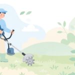 8枚刃の刈払機で草を刈る様子をイメージしたイラスト