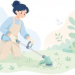 飛散防止カバー付きの刈払機で草を刈る様子をイメージしたイラスト