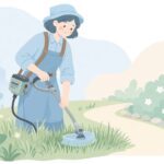 樹脂ブレードの刈払機で草を刈る様子をイメージしたイラスト