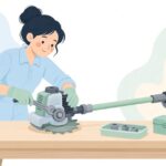 刈払機のチップソーをボルトで取り付ける様子をイメージしたイラスト