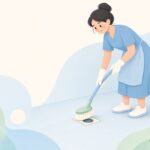 曲がりブラシで排水口を清掃するビル清掃員の様子をイメージしたイラスト