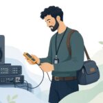 舞台のスピーカー配線を確認する様子をイメージしたイラスト